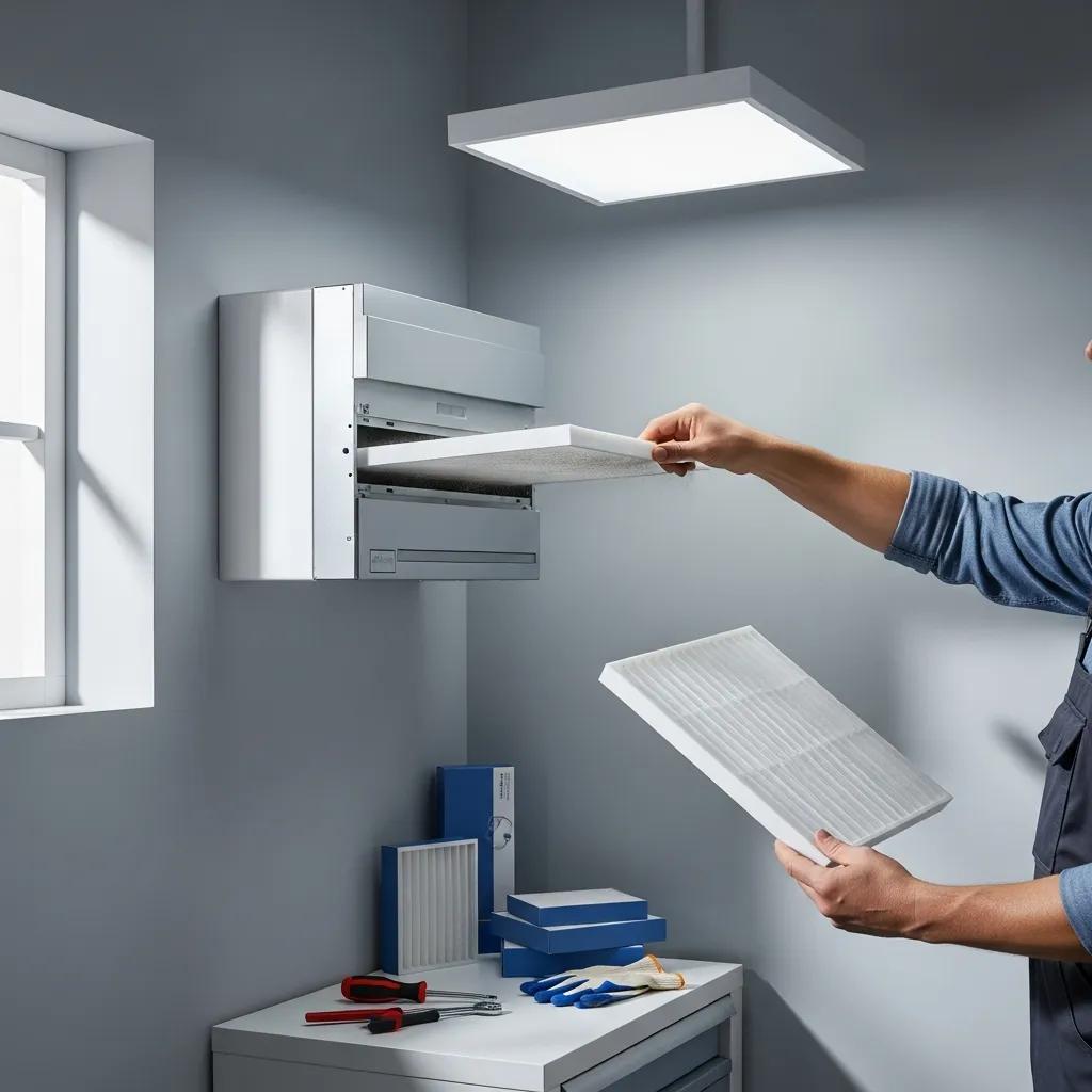 HVAC Blog 13 Homeowner changing air filter in a modern HVAC system, emphasizing air quality maintenance